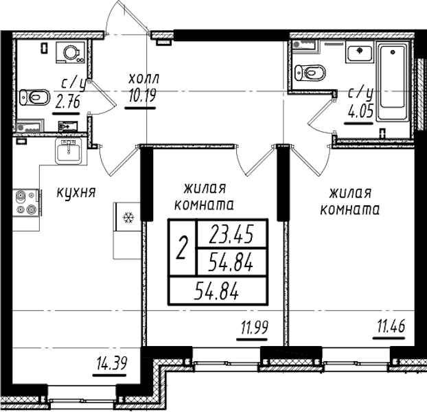 2-комнатная квартира 54.84 м², 1/25 эт., ЖК «Северная Долина»